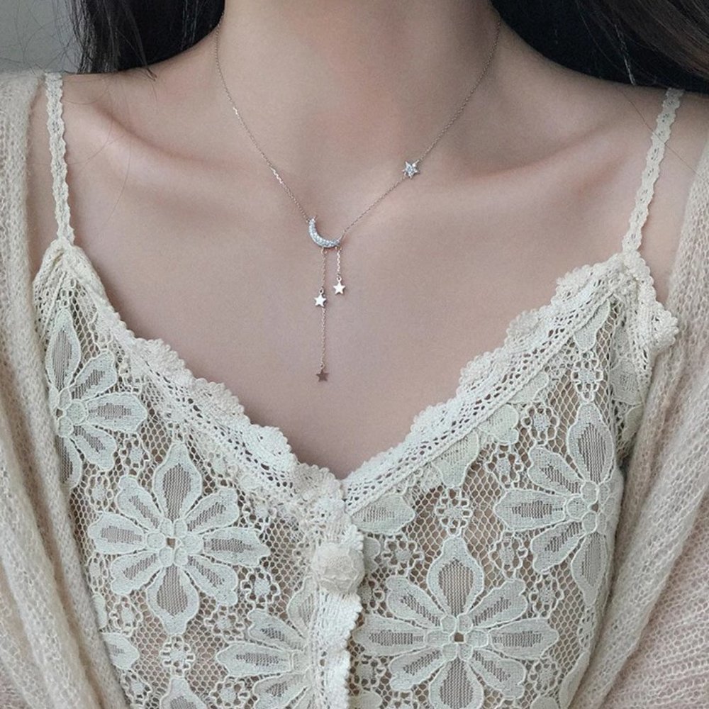 925 Sterling Silver Diamond Moon Star Necklace H